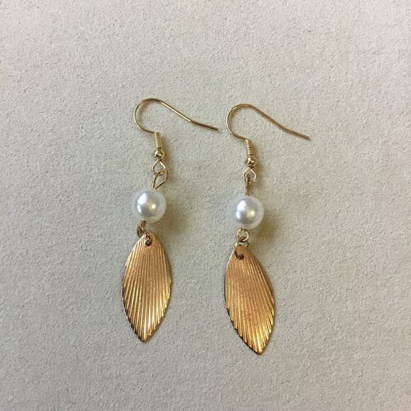 Gold & Pearl Feather Drop Earrings - Picture 5 of 8